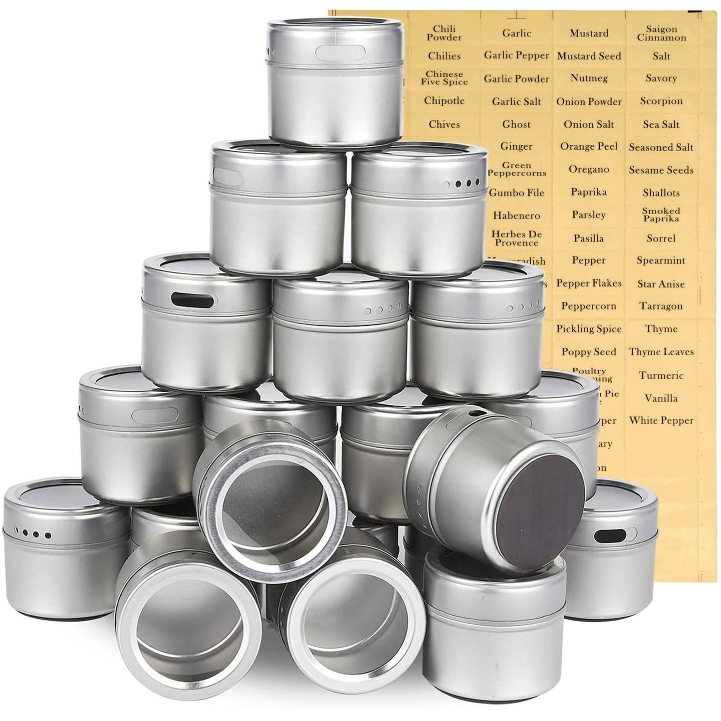 Juvale 20-Pack Magnetic Spice Jars - Space-Saving & Magnetic Spice Rack for Refrigerator - Preprinted Labels & Seasoning Containers - Pack of 20, 3.4 fl oz