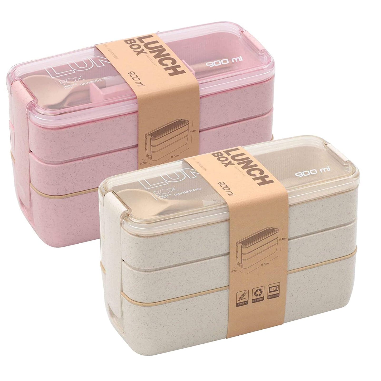 Rarapop 2 Pack Stackable Bento Box Japanese Lunch Box Kit with Spoon & Fork, 3-In-1 Compartment Wheat Straw Meal Prep Containers for Kids & Adults (Pink/Beige)