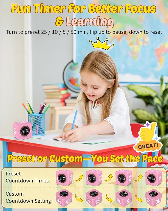 Pomodoro Timer Cube Visual Productivity Flip Timer for Kids Classroom Desk, 5/10/25/50min&Custom Countdown, Silent&Sound Mode Digital Cube for ADHD Study Work School Game Kitchen (Pink)