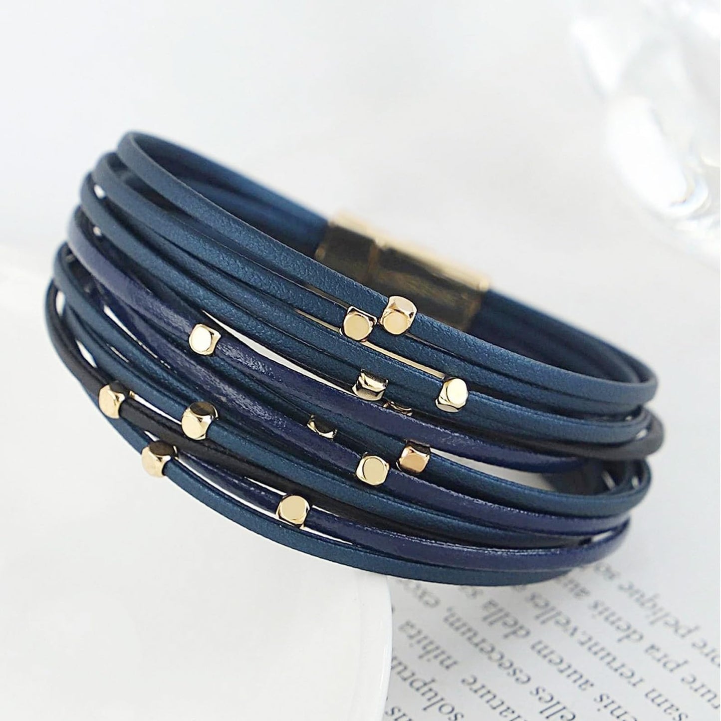 Leopard Bracelet for Women, Boho Leather Wrap Multi-Layer Pearl Crystal Bracelet Bangle Jewelry(CubeBead(Navy))