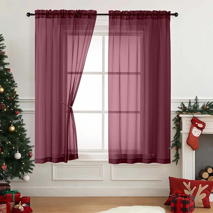 Burgundy Sheer Curtains 63 Inch Length 2 Panels, Voile Sheer Curtain for Christmas, Breathable Light Filtering Modern Window Treatments, Soft Fabric Dual Rod Pocket Panels, 2x42Wx63L Inches