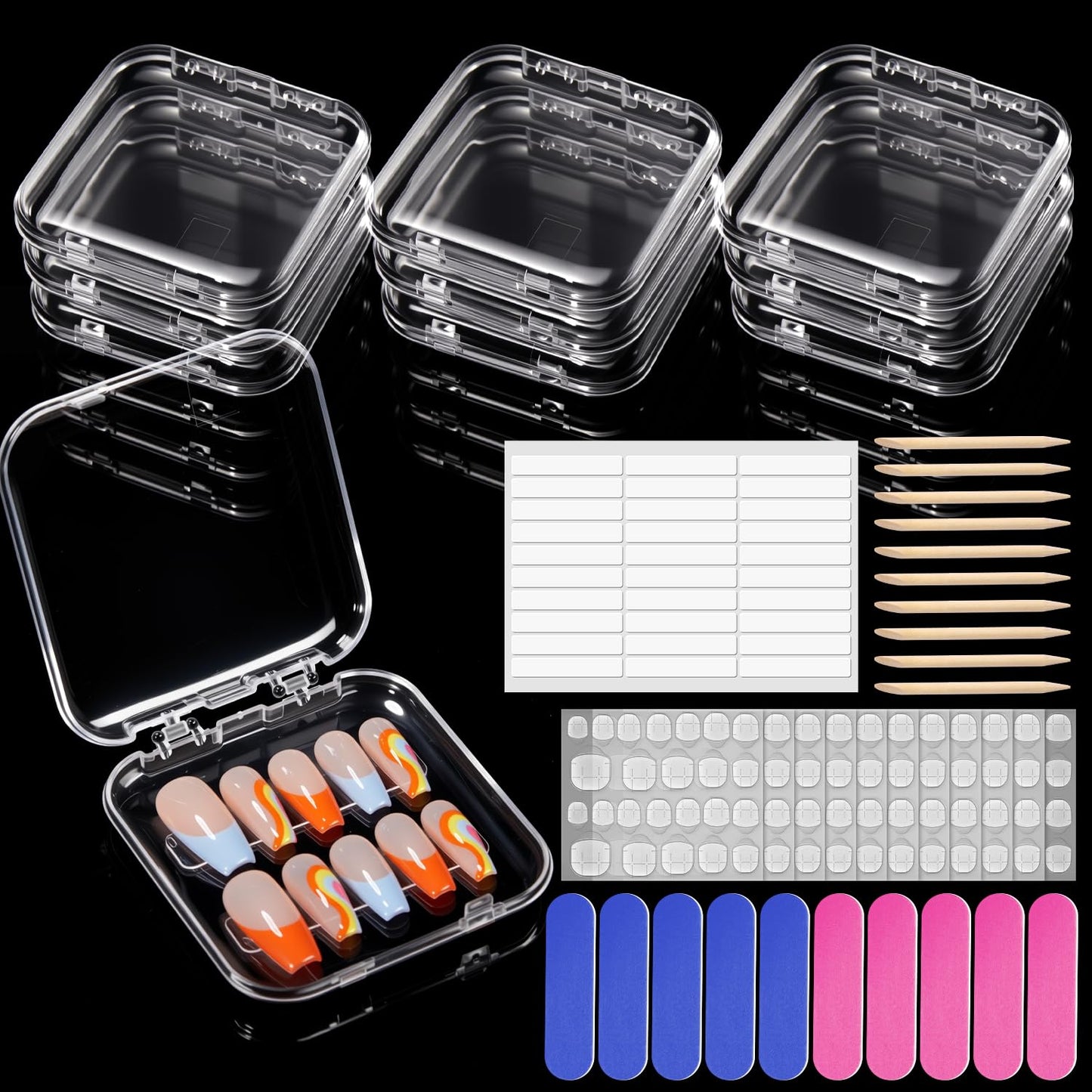 modelones 10pcs Press On Nail Storage Case Clear Acrylic Fake Nails Packaging Box with 30pcs Adhesive Double Sided Tape & 10pcs Nail Tool Kits Nail Supplies Container Transparent for Nail Salon DIY