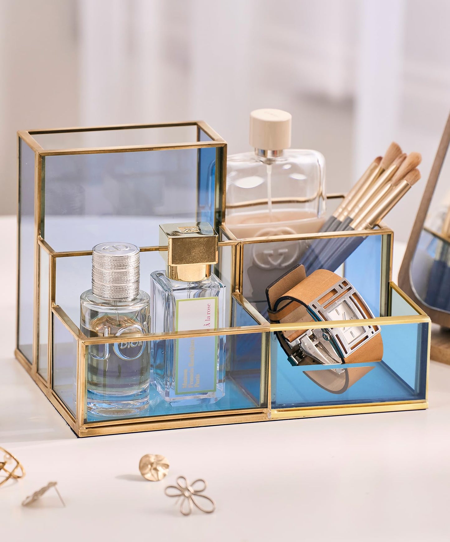 FONDAZZA 5-Compartment Desk Organizer for Home Office Supplies, Gold Brass with Blue Glass, Workspace Storage for Stationery, Cosmetic, Makeup Tools and Brush.