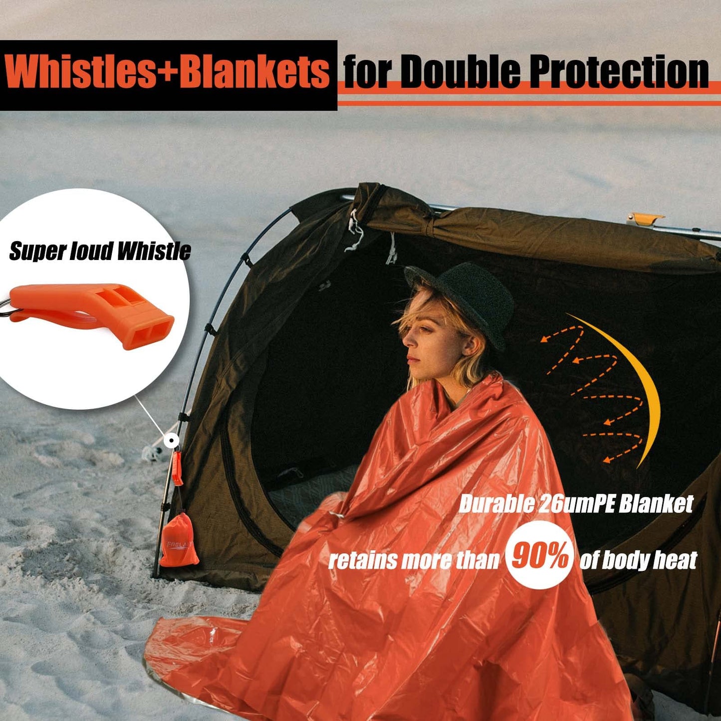 Frelaxy Emergency Blanket 2-Pack, Extra-Thick Extra-Large Space Blankets with Whistles, Storage Pouchs, and EVA case