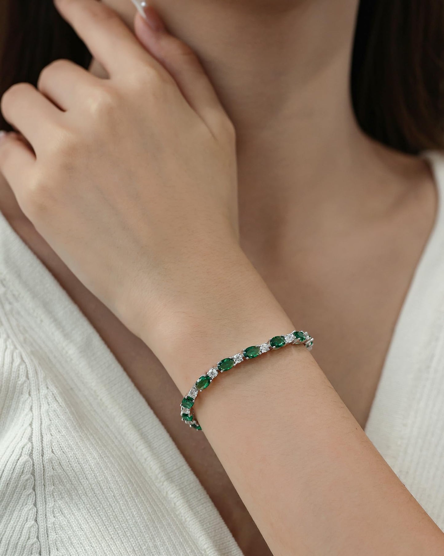 FANCIME May Birthstone Bracelets Sterling Silver Created Emerald Tennis Bracelet Emerald Fine Jewelry Gift for Women