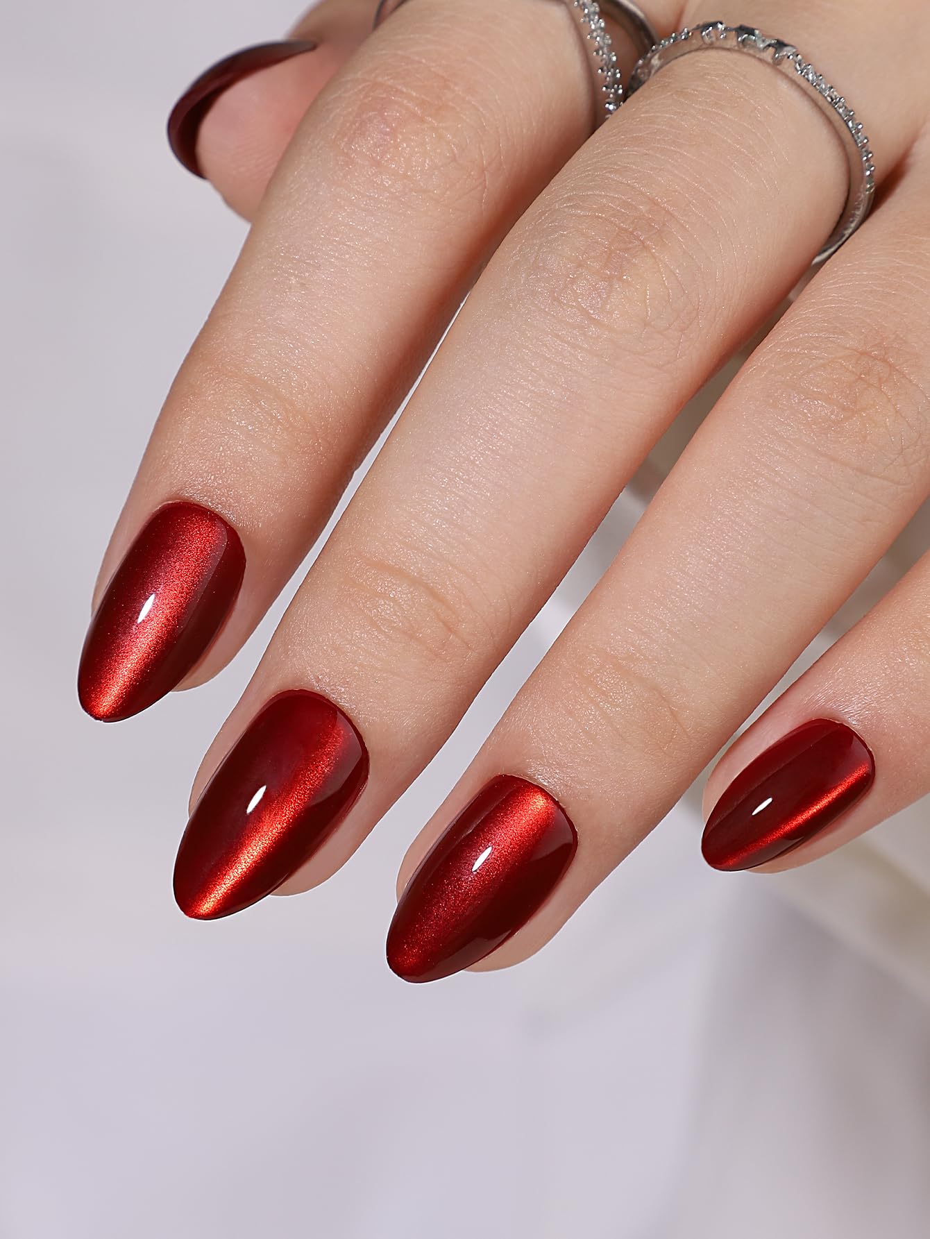 Hrnsnails Almond Shaped Press On Nails, Glue On Nails Short Red Fake Nails with Cat Eye Press On Nails Designs, Acrylic Nails Press On Gel False Nails, Artificial Nails Stick On Nails for Women