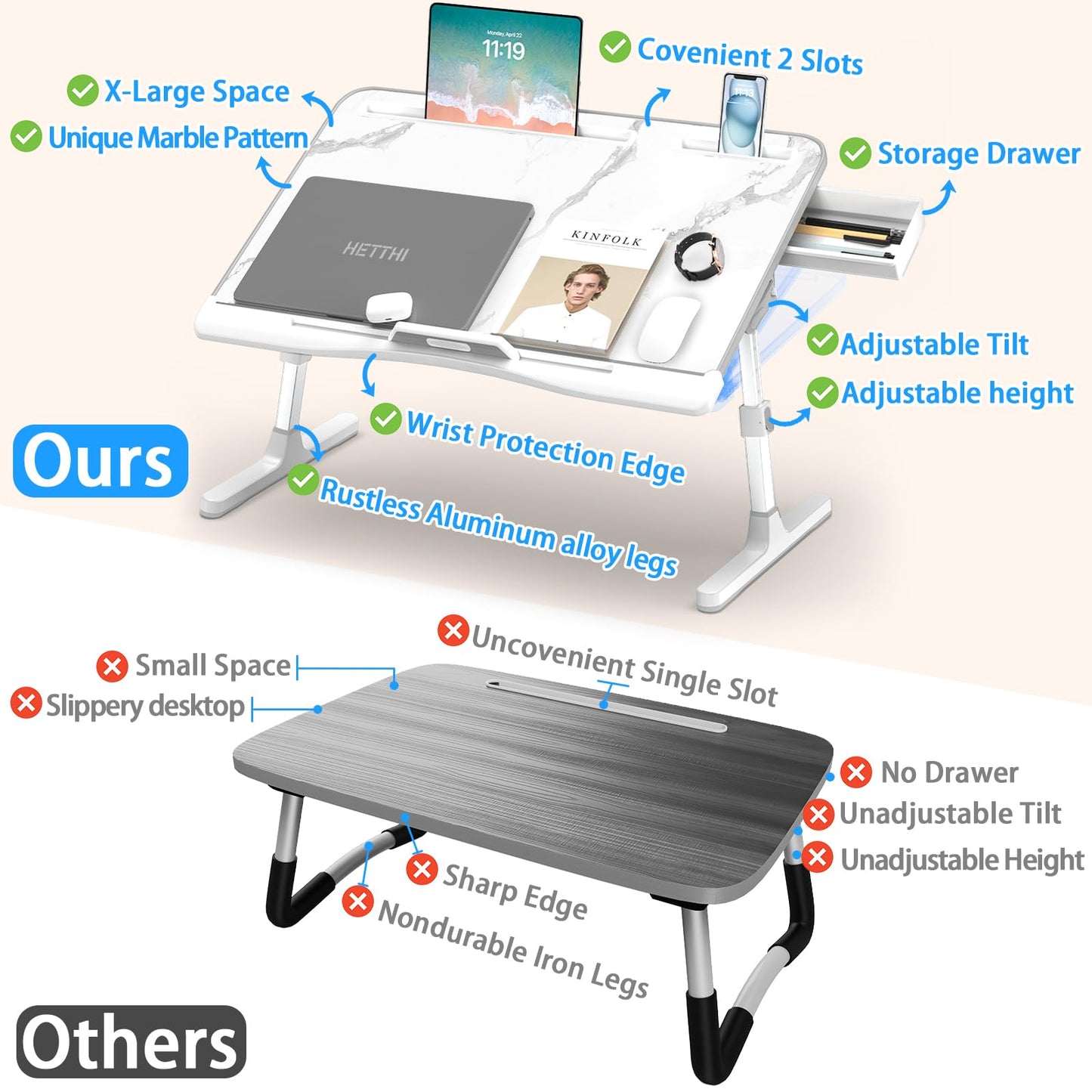 HETTHI Laptop Bed Desk, Adjustable Laptop Lap Desk with Drawer, X-Large Foldable Bed Table Tray for Bed Couch Floor Desk Writing Working Reading Eating Painting (Marble, 23.6"×15.7")