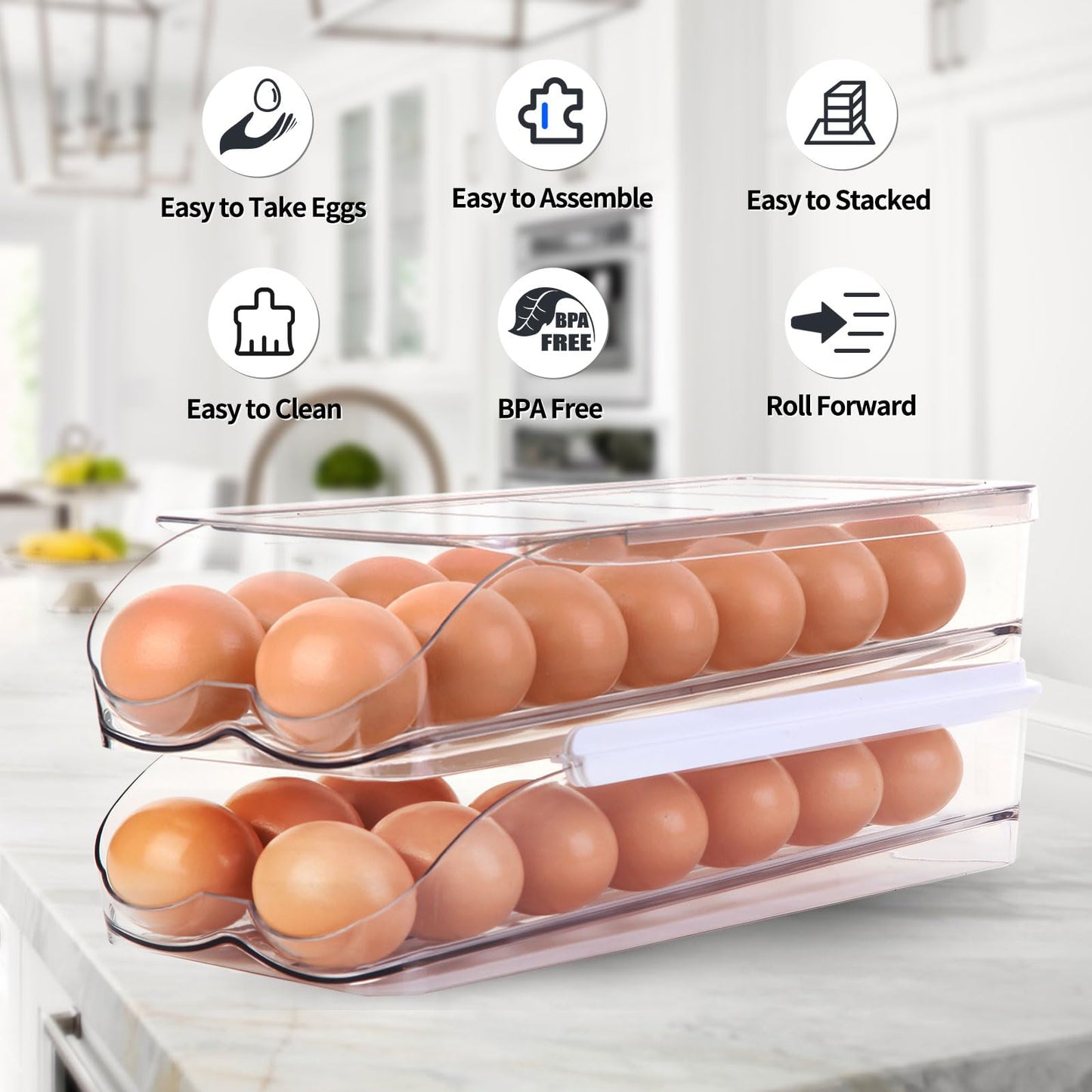 RoskDeewat Egg Holder for Fridge, Automatic Rolling Egg Container for Refrigerator, Stackable Fridge Organizers and Storage with Lid, Clear Plastic Egg Dispenser & Tray (2 Tier)