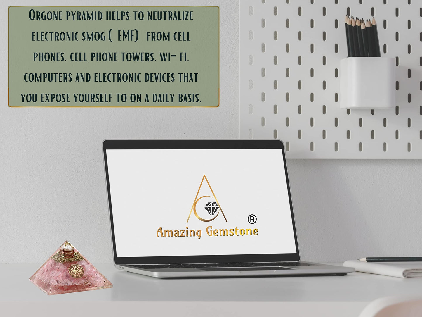 Amazing Gemstone Large Rose Quartz Orgone Pyramid Crystal, Sri Yantra Orgonite Pyramid - Positive Energy Healing