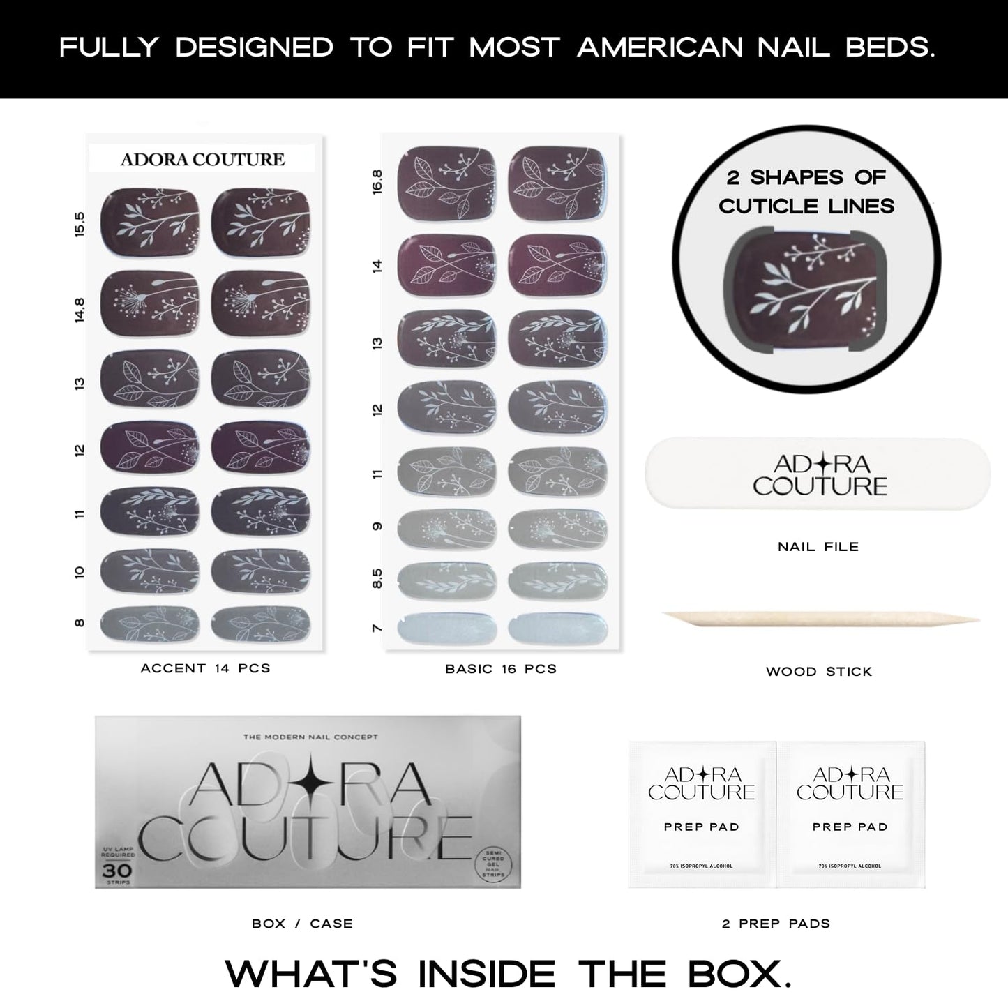 Adora Couture Semi Cured Gel Nail Strips with 30 Pieces - Salon Quality Manicure Kit for Women Easy Application Wraps Includes Prep Pads Nail File Wooden Stick, UV Light Required (Brown Boho)