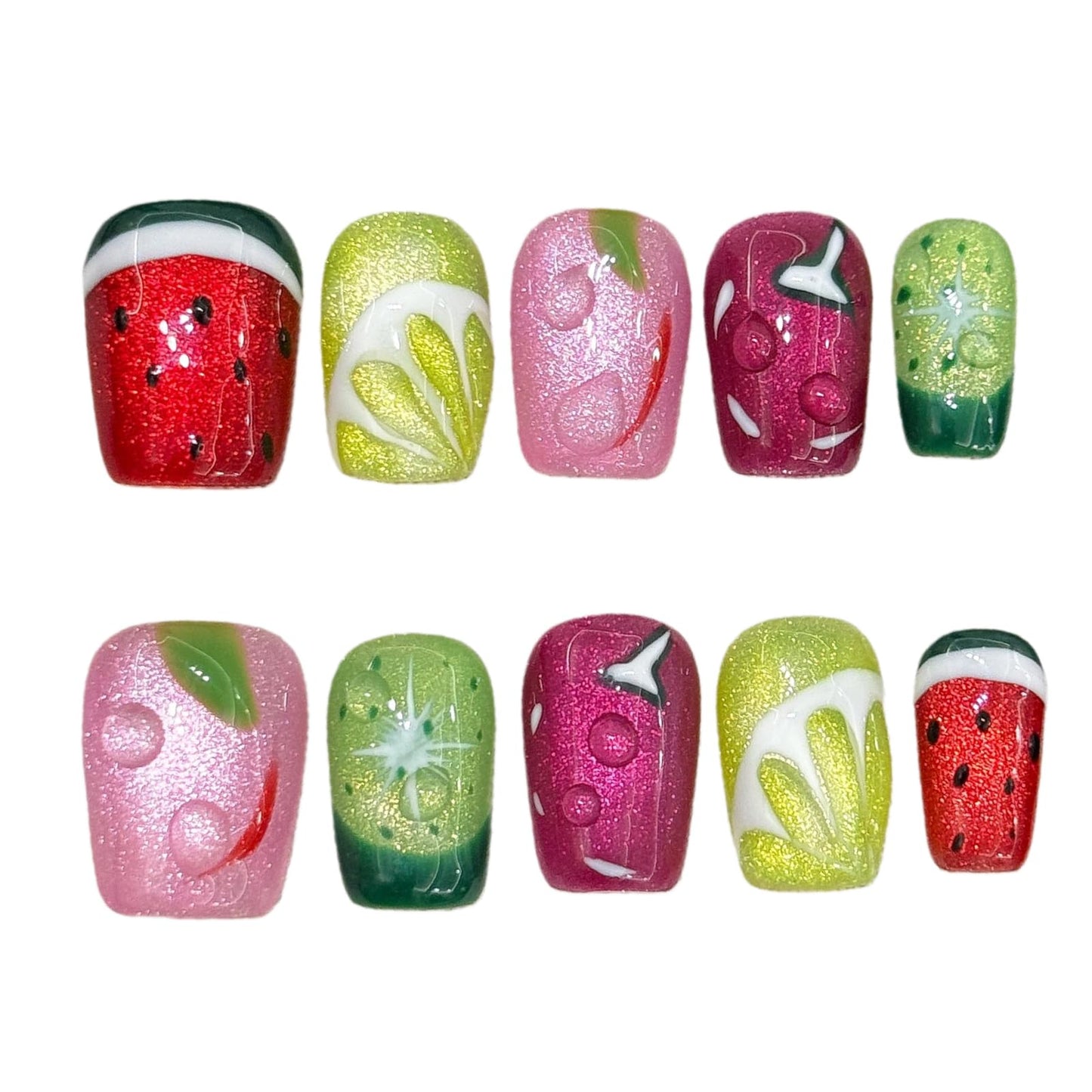 Tesytto Glitter Press on Nails Short Coffin Summer Fruit Nails Cateyes with 3D Water Drop, Hand-painted Watermelon & Lemon Art, Reusable Acrylic Full Cover Fake Nails, 10pcs (Fruit Party,M)