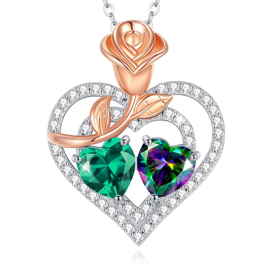 AGVANA May June Birthstone Jewelry Emerald Alexandrite Necklace Sterling Silver Rose Flower Heart Double Birthstone Pendant Necklace Anniversary Birthday Gifts for Women Mom Wife Lady Her