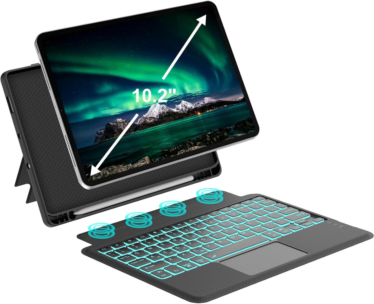 Touch for iPad 9th/8th/7th Generation Case with Keyboard 10.2 Inch, Multi-Touch Trackpad, 7 Color Backlit, Detachable Magnetic Folio Cover with Pencil Holder for iPad Air 3rd Gen/iPad Pro 10.5" Black
