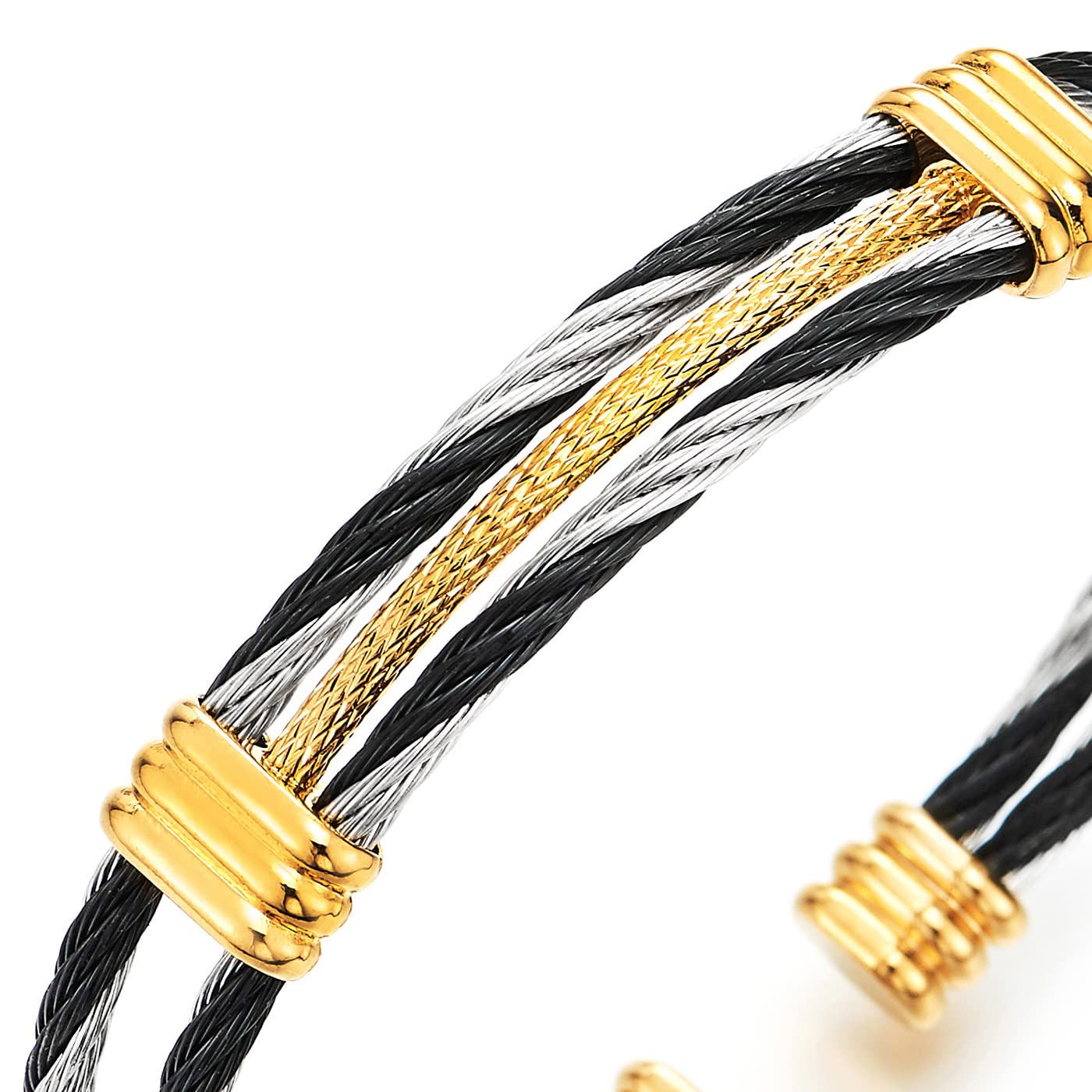 COOLSTEELANDBEYOND Men Women Stainless Steel Twisted Cable Adjustable Cuff Bangle Bracelet Silver Gold Black