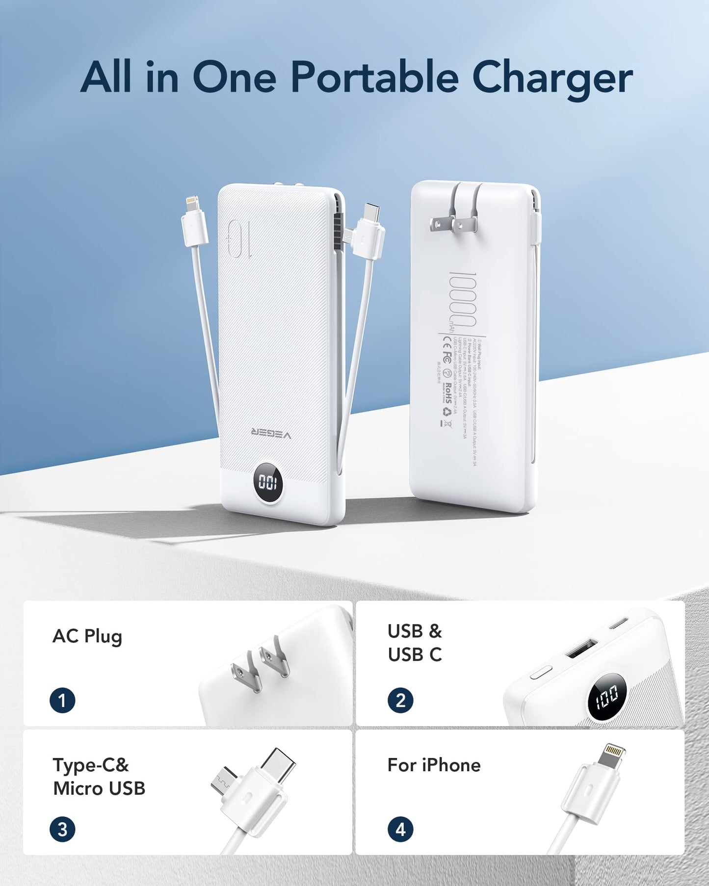 VEGER Portable Charger with Built-in AC Plug and Cables, All in One 10000mAh Ultra Slim Power Bank Travel Essentials, Fast Charging Battery Pack Compatible with iPhone, Samsung, Android (White)
