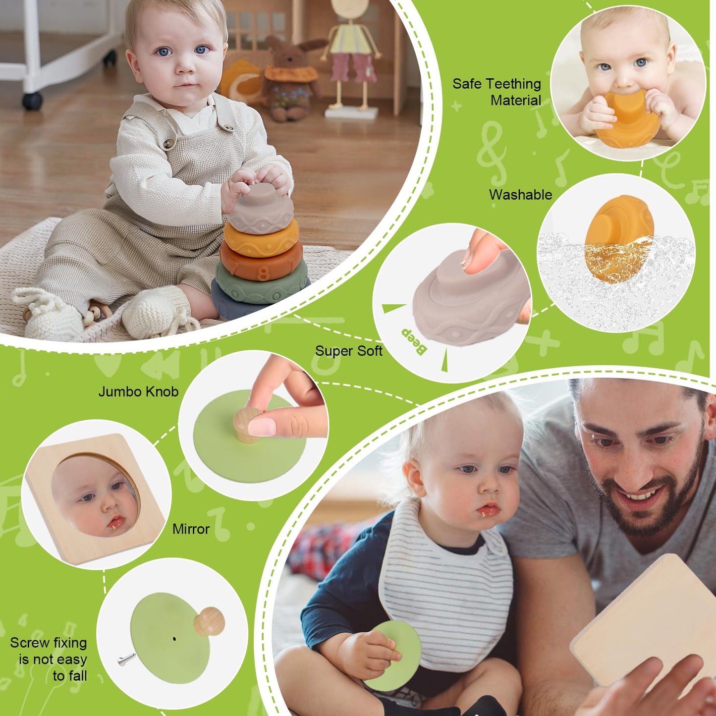 Adena Montessori Play Kit for 7-12 Month Baby,6 in 1 Learning Educational Brain Development Toys for Toddler Includ First Puzzle,Ball Drop Box,Stacking Pegs,First Blocks,Wooden Moving Car,Hand Puppet