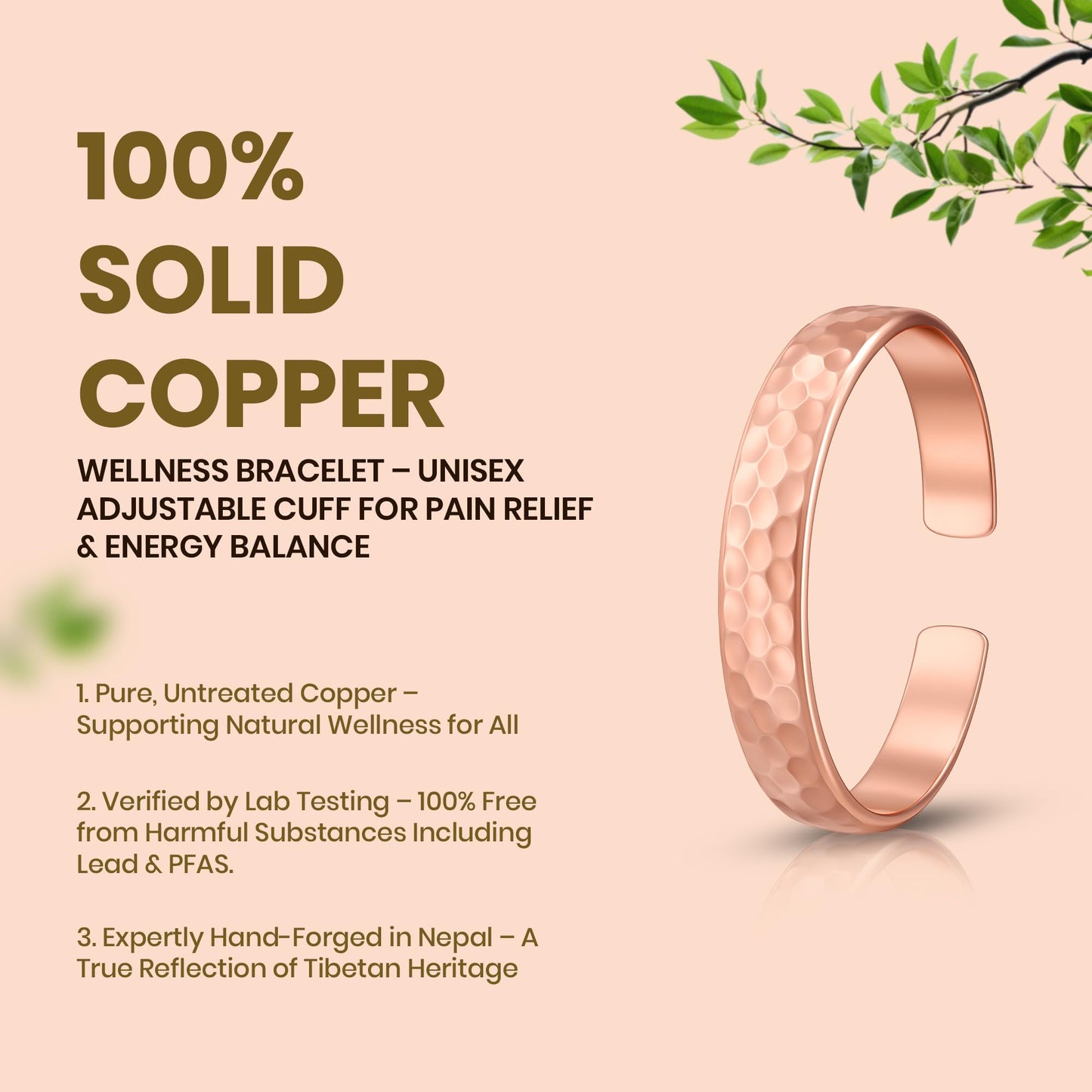 Healing Monk Pure Copper Bracelet for Men & Women – Handmade Uncoated Copper Jewelry Cuff – Adjustable Healing Copper Bracelets for Arthritis – Mens & Womens Copper Cuff Pulsera de Cobre (Hammered)