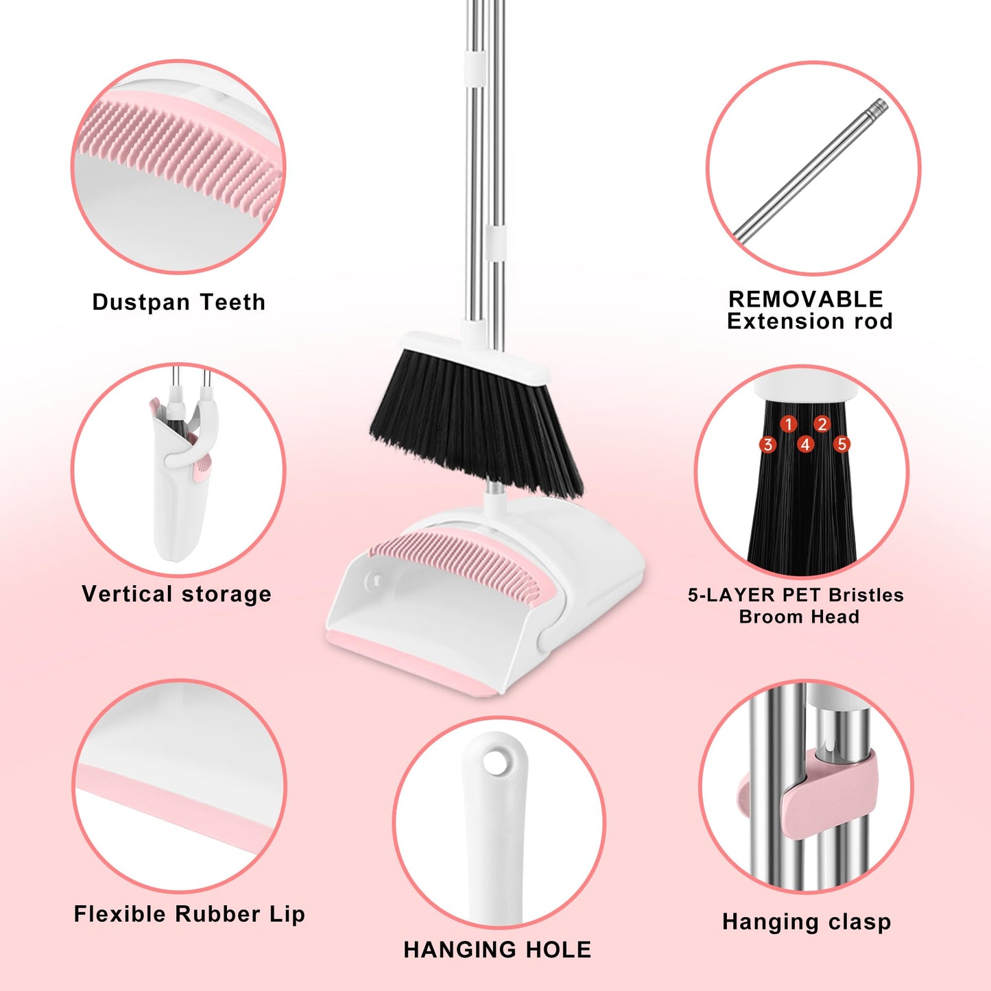 Broom with Dustpan Combo Set for Home 52-in Long Adjustable Handle Angle Broom and Dustpan Set with Dustpan Comb Teeth for Sweeping Pet Hair Food Dirt Kitchen