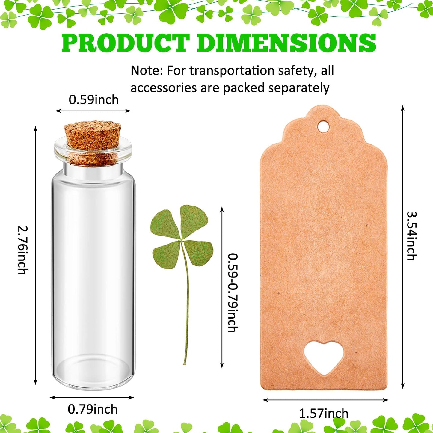 Cinnvoice 50 Sets St. Patrick's Day Cork Stoppers Glass Bottles Dried Pressed Four Leaf Clover Tiny Wishing Bottle Real Natural Four Leaf Clovers Mini Vials with Labels Ropes for DIY Crafts Wedding