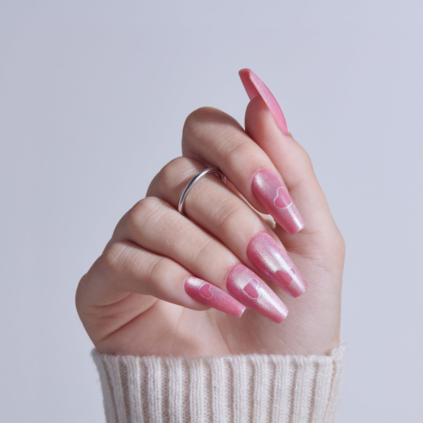 Kiss Glam, Press On Nails, Nail glue included, 'Pink Sugar', Pink, Long Size, Coffin Shape, Includes 32 Nails, 2g Glue, 1 Manicure Stick, 1 Mini File
