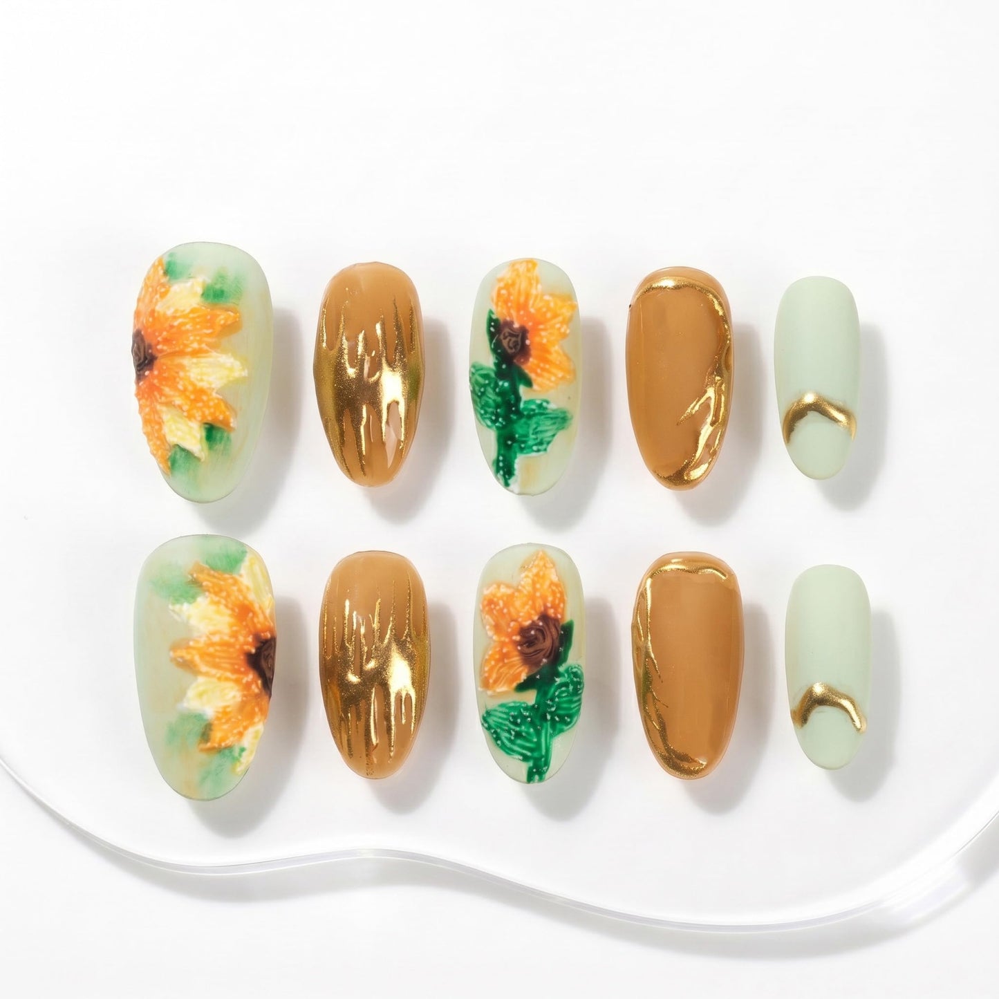 Sun&Beam Nails Handmade Press On Nails Medium Oval Mint Green Caramel Brown Gold Sunflower Floral Design Glossy 10 Pieces for Everyday Wear and Going Out (#022 L)