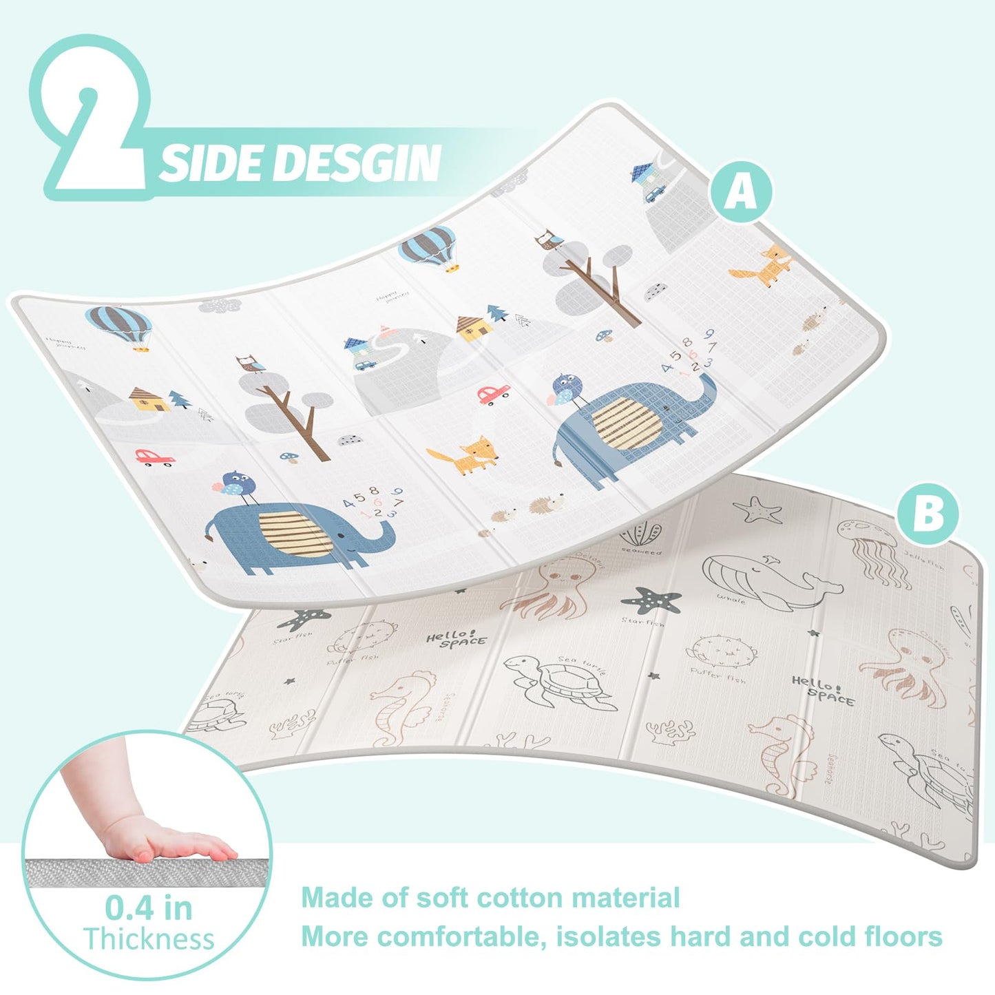 Foldable Baby Play Mat, Double-Sided Design, 79x59 inches, Waterproof, Non-Slip, Extra Thick 0.4 inch, Sea Animals and Elephant Patterns