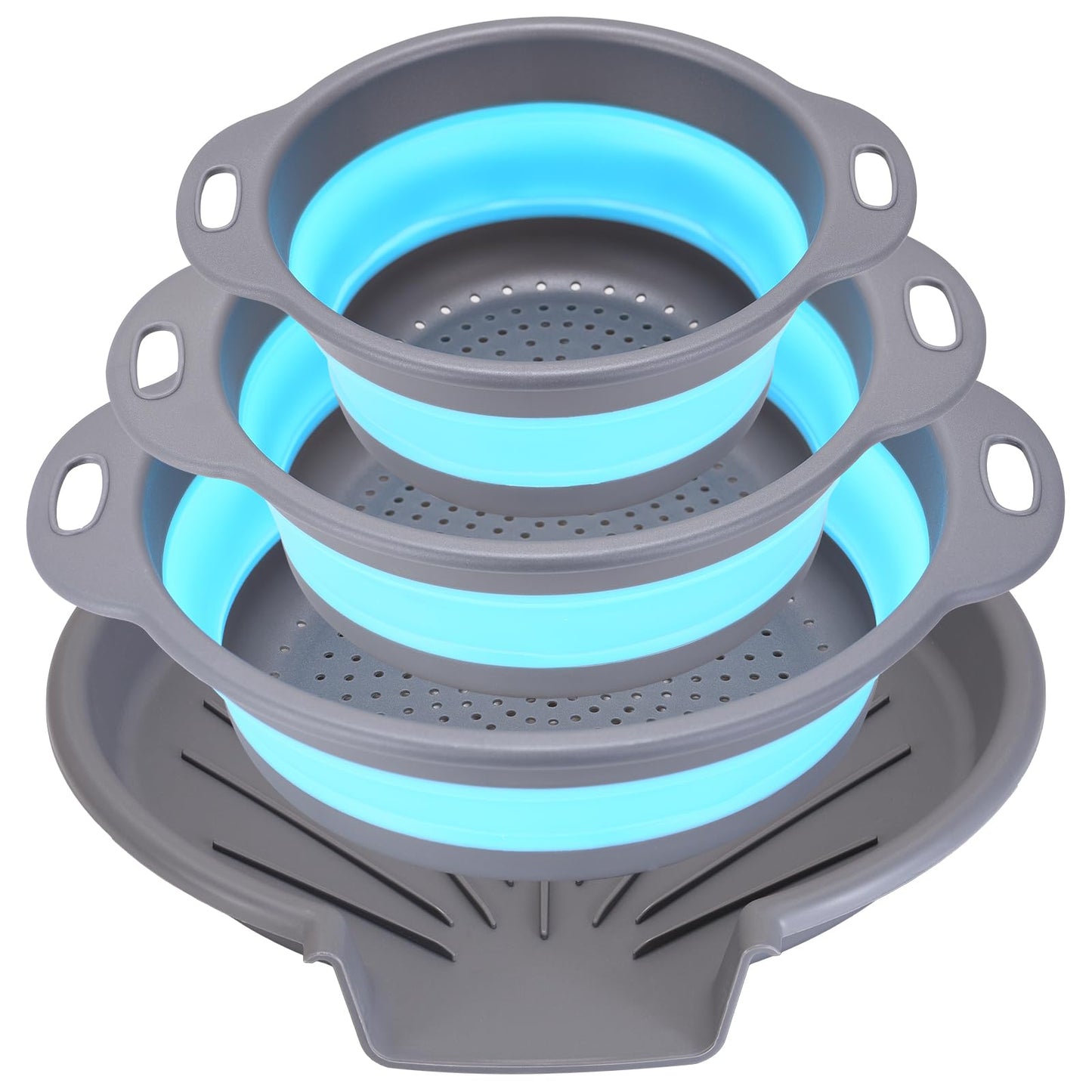 Cluren Collapsible Colander Set with Oversized Draining Tray | 3-Pack Foldable Kitchen Strainers + Base | Space Saving for Pasta, Veggies, Fruit & Rice | 5 Colors (Gray-Blue)