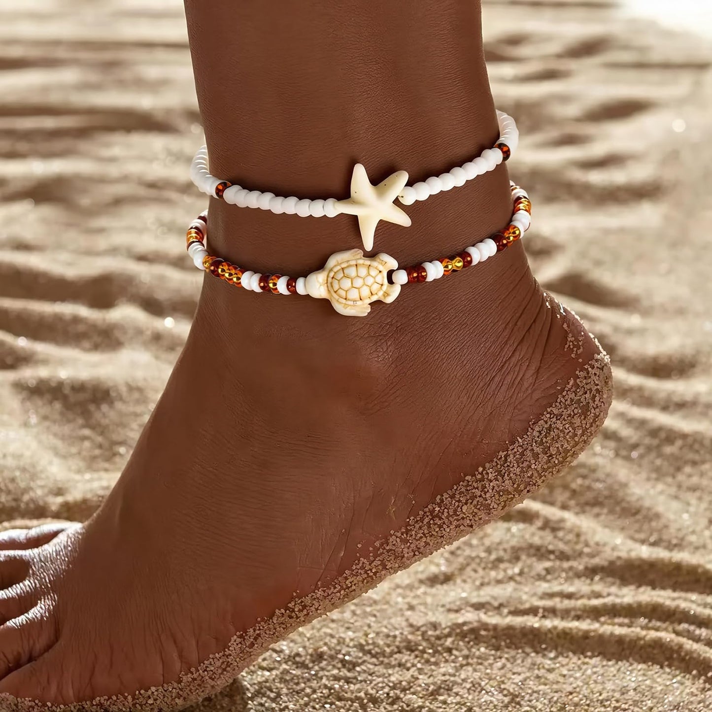 Qceasiy Shell Ankle Bracelet Set for Women, Boho Plated Bead Adjustable Anklet, Hawaiian Beach Seashell Pearl Heart Starfish Conch Foot Jewelry Gifts (Turtle 2Pcs)