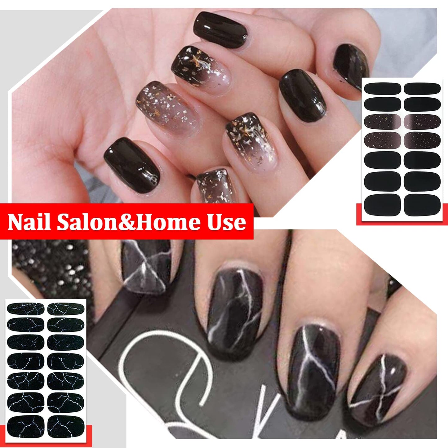 SILPECWEE 20 Sheets Black Style Nail Wraps for Women Stick on Nail Polish Strips Glitter Solid Color Self Adhesive Nail Polish Stickers Fingernail Manicure Sticker Nail Art with 1pc Nail File