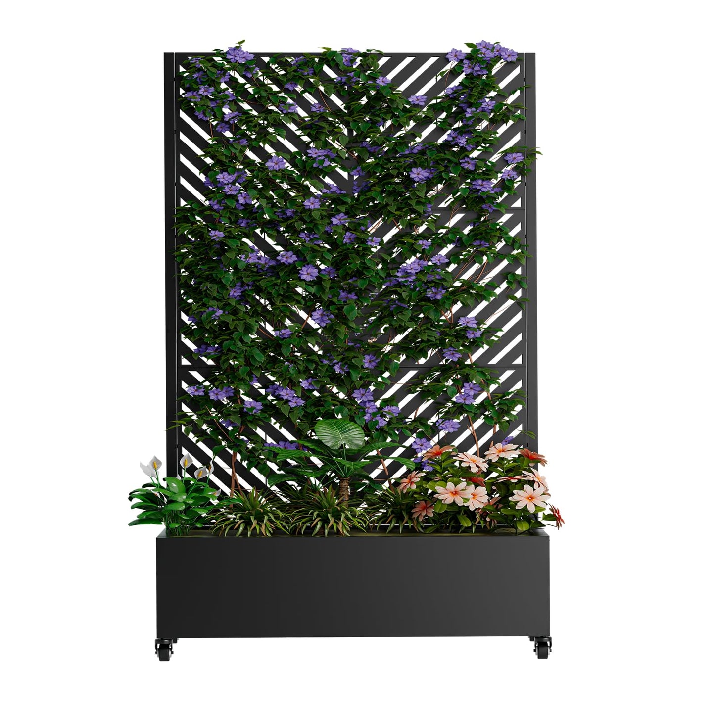 Metal Planter Box with Trellis and Wheels, 73"x47"x16" Galvanized Steel Raised Garden Bed with Drainage Holes, Outdoor Planter with Privacy Screen Function for Climbing Plants and Vines, Black