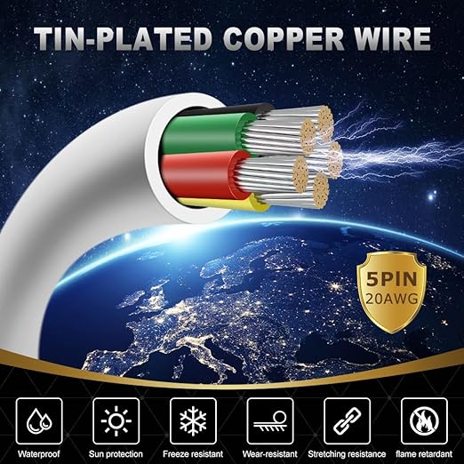 20 Gauge 5 Conductor Electrical Wire, 32.8FT White Stranded Low Voltage 20/5 Cable PVC Case, 20 AWG Tinned Copper 5 Wire Cable Extension Power Cable for Strips LED Lamp Lighting Automotive