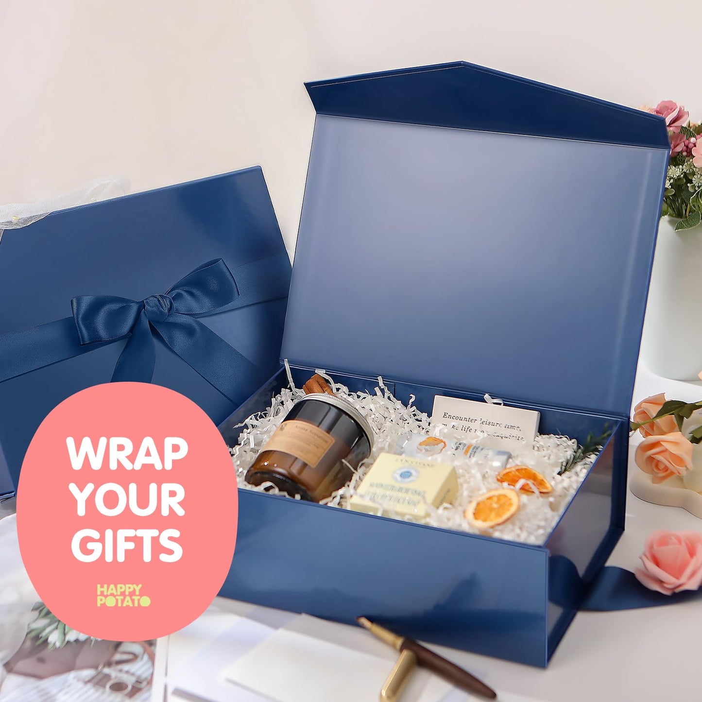 HAPPY POTATO 5 Large Gift Boxes withLid and Ribbon 11.5x8.1x3.8 Inches, Groomsmen Proposal Boxes, Magnetic Blue Gift Boxes for Presents (Glossy Blue, Pack of 5)