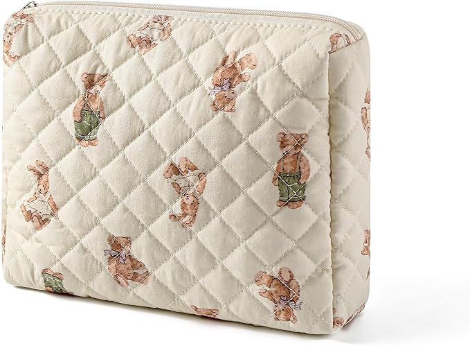 3Pcs Aesthetic Cotton Quilted Drawstring Makeup Bag Set, Aesthetic Cute Bow Makeup Pouch for Girls and Women, Aesthetic Travel Organized Cosmetic Bags for Purse(01Bear)