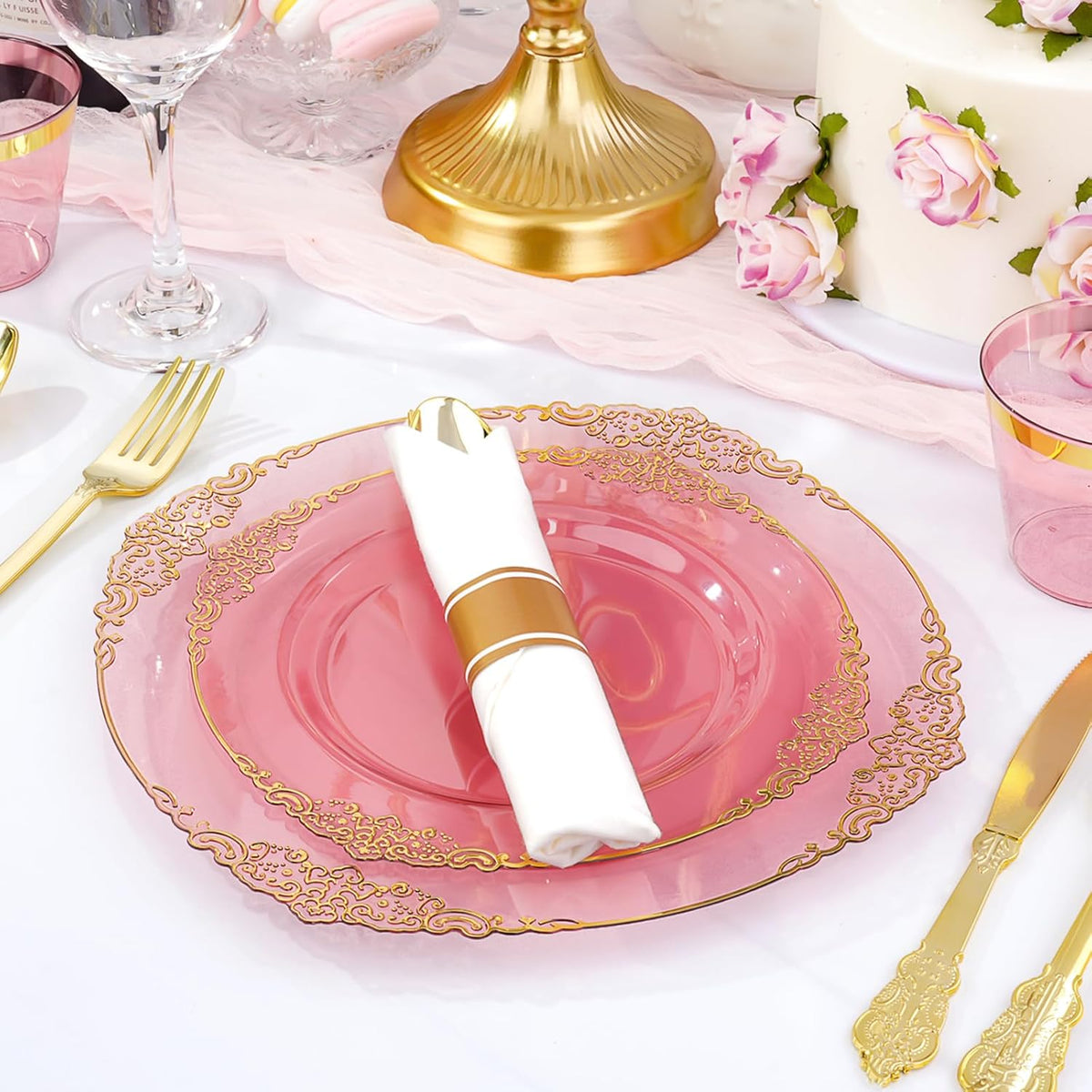 350 PCS Burgundy and Gold Plastic Plates, Disposable Dinnerware Set for 50 Guests, 100 Disposable Plates, 150 Silverwares, 50 Cups, 50 Napkins for Wedding, Party, Graduation