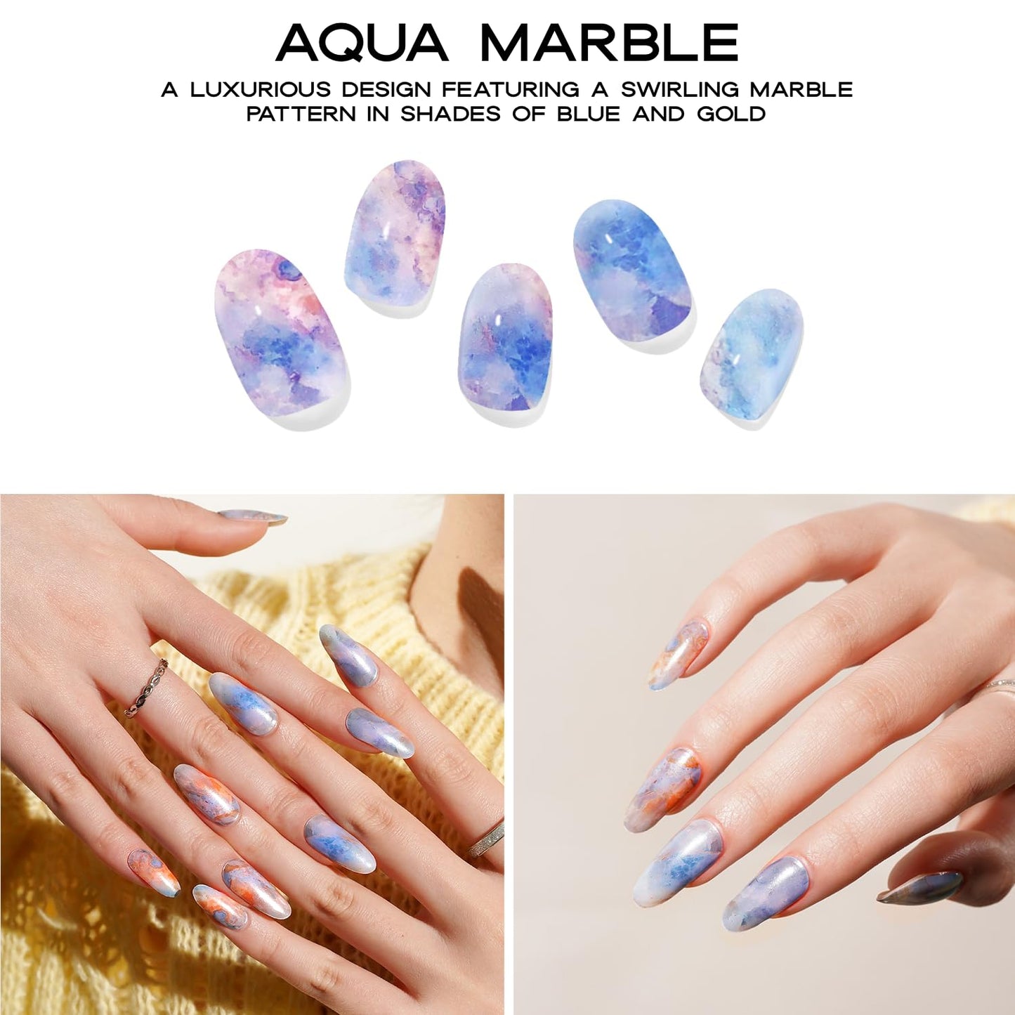 Adora Couture Semi Cured Gel Nail Strips with 20 Pieces - UV Gel Stickers, Manicure Kit, Easy Application Wraps Includes Prep Pads, Nail File, Wooden Stick - UV Light Required (Aqua Marble)
