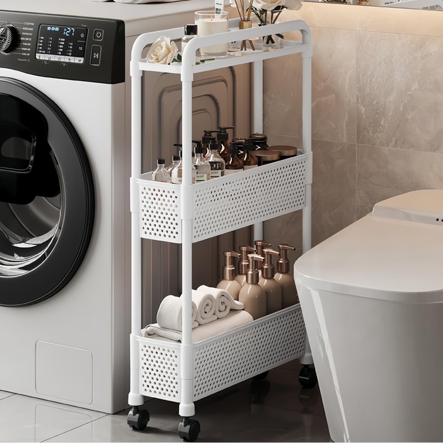 runsfeld Slim Storage Cart, Kitchen Gap Storage, Multi-Layer Organizer with 360° Swivel Wheels for Kitchen Bathroom (Black,3 Tier)