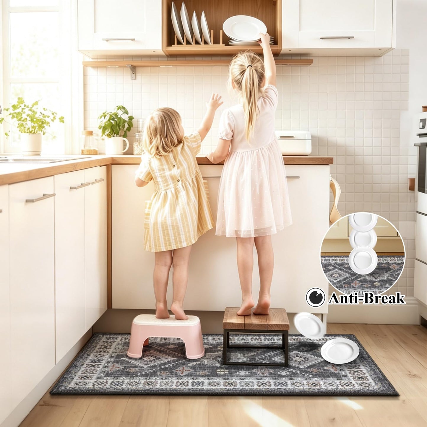 HEBE Boho Kitchen Rug Sets 3 Piece with Runner Non Slip Kitchen Rugs and Mats Washable Kitchen Mats for Floor Thick Kitchen Floor Mat Carpet Runner Rugs for Hallway Laundry Holiday Decor