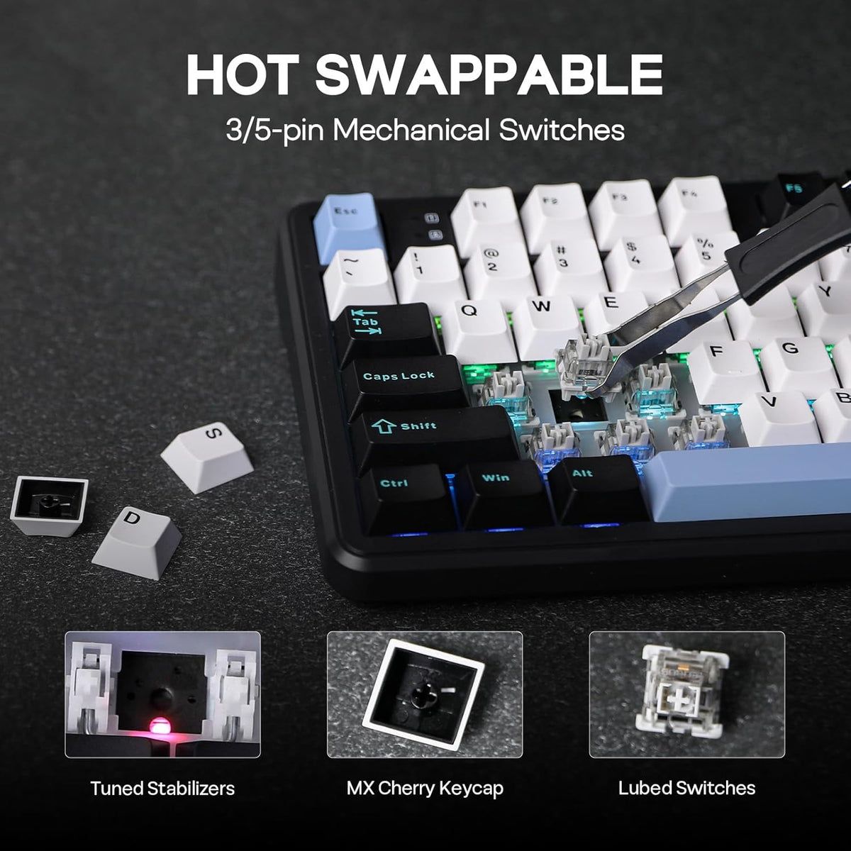 EPOMAKER Aula F108 Wireless Gaming Keyboard, Full Size Mechanical Keyboard with 4000mAh Battery, 108 Hot-Swappable and Programmable Keys, RGB Backlight, for Mac/PC/Android (Blue&White&Black)