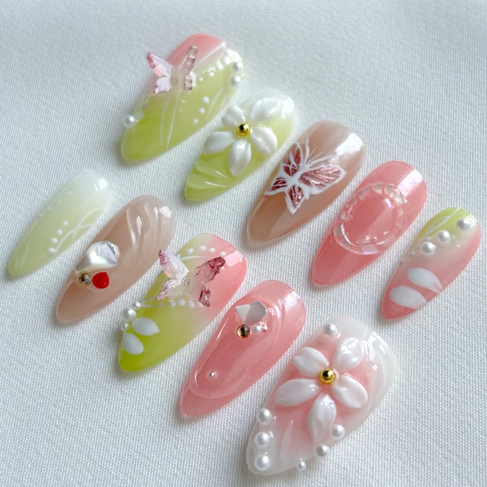 Press On Nails Medium Almond Shape - 3D Handmade Acrylic Gel Fake Nails with Glitter Designs, Reusable Thick Almond Nails for Women DIY Manicure Kit (10PCS, L Size, Easy Application)