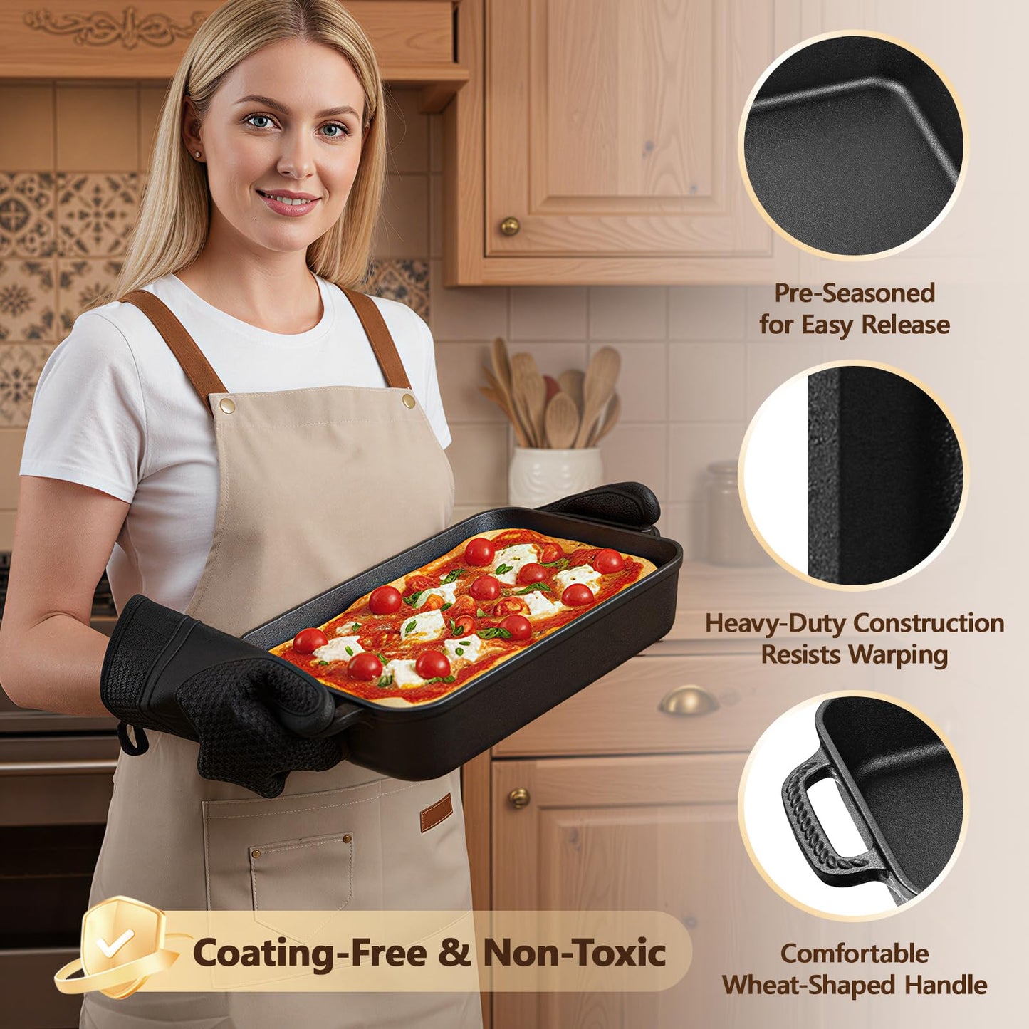 Lvmol Cast Iron Detroit Pizza Pan - 9x13 Inch Pre-Seasoned Deep Baking Dish for Casserole, Focaccia, Lasagna