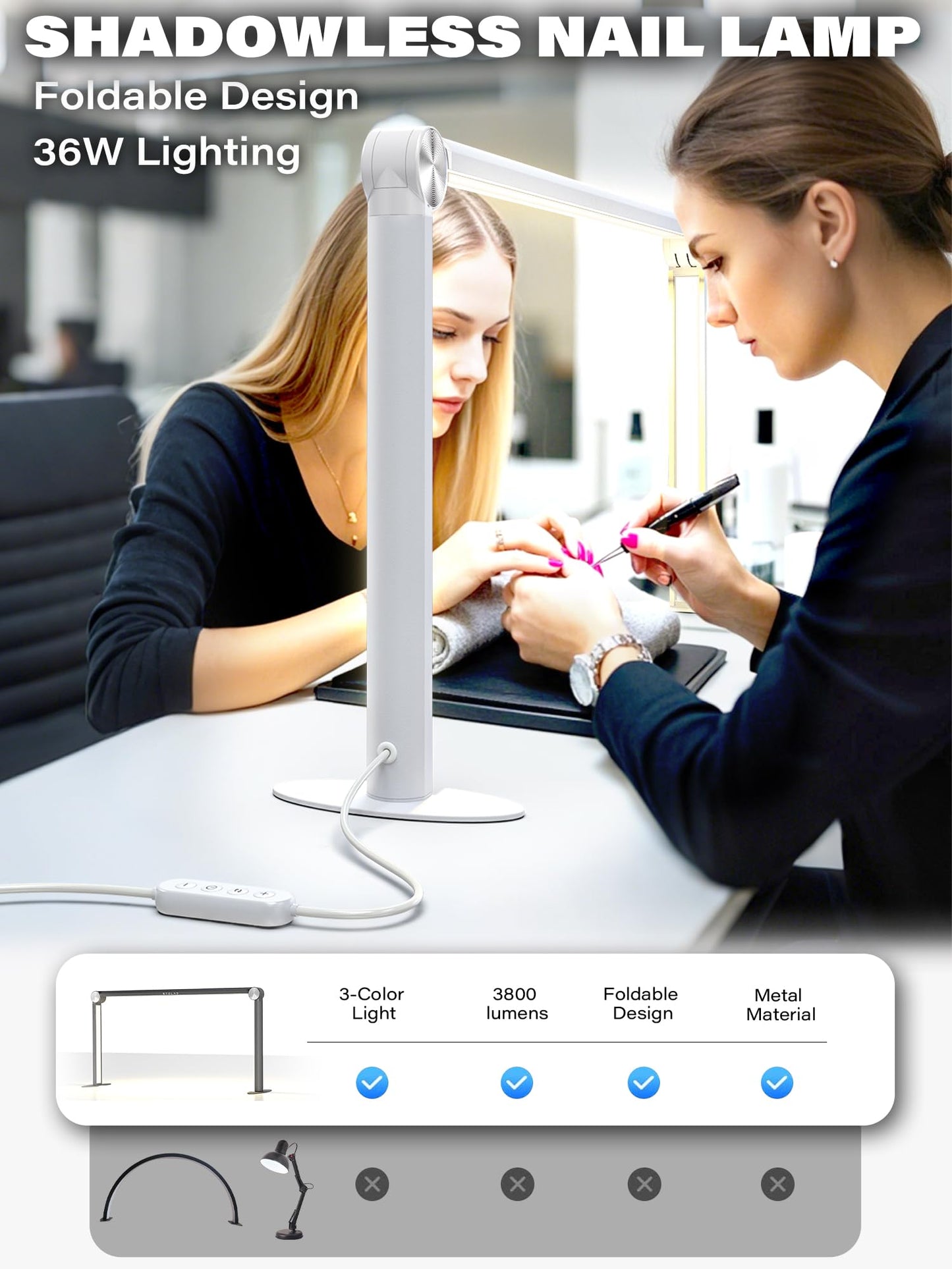 STOLAS Half Moon Light for Nail Desk with Phone Holder, 14 inch Height 3 Modes 3000K-6000K Dimmable LED Light, Desk Lamp for Nail Tech (White)