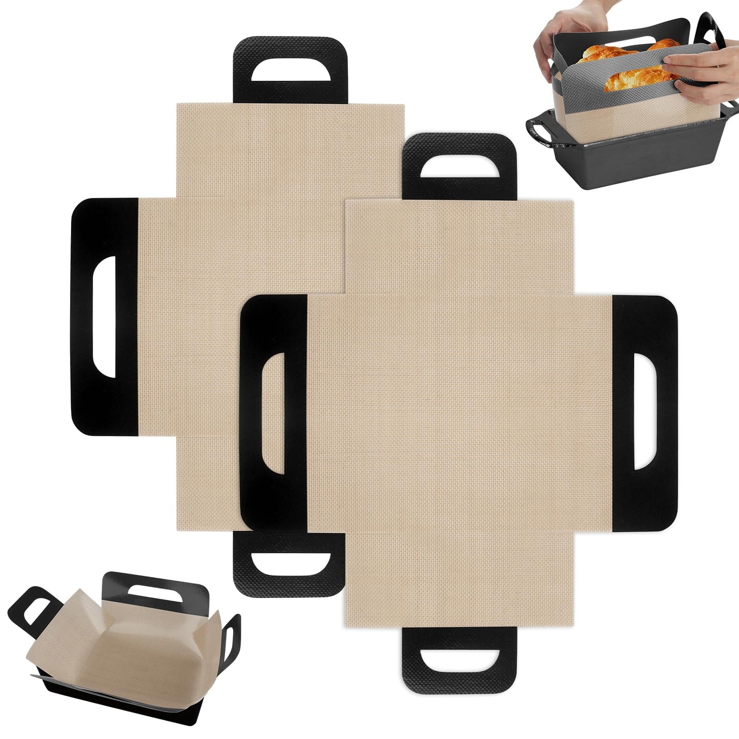 Upgraded Loaf Pan Liners with 4 Handles, 2 PCS Reusable Silicone Bread Sling, Bread Sourdough Baking Mat Non-Stick & Easy to Clean, Best Fits 9x5" or 1.5lb Loaf Pans, Black