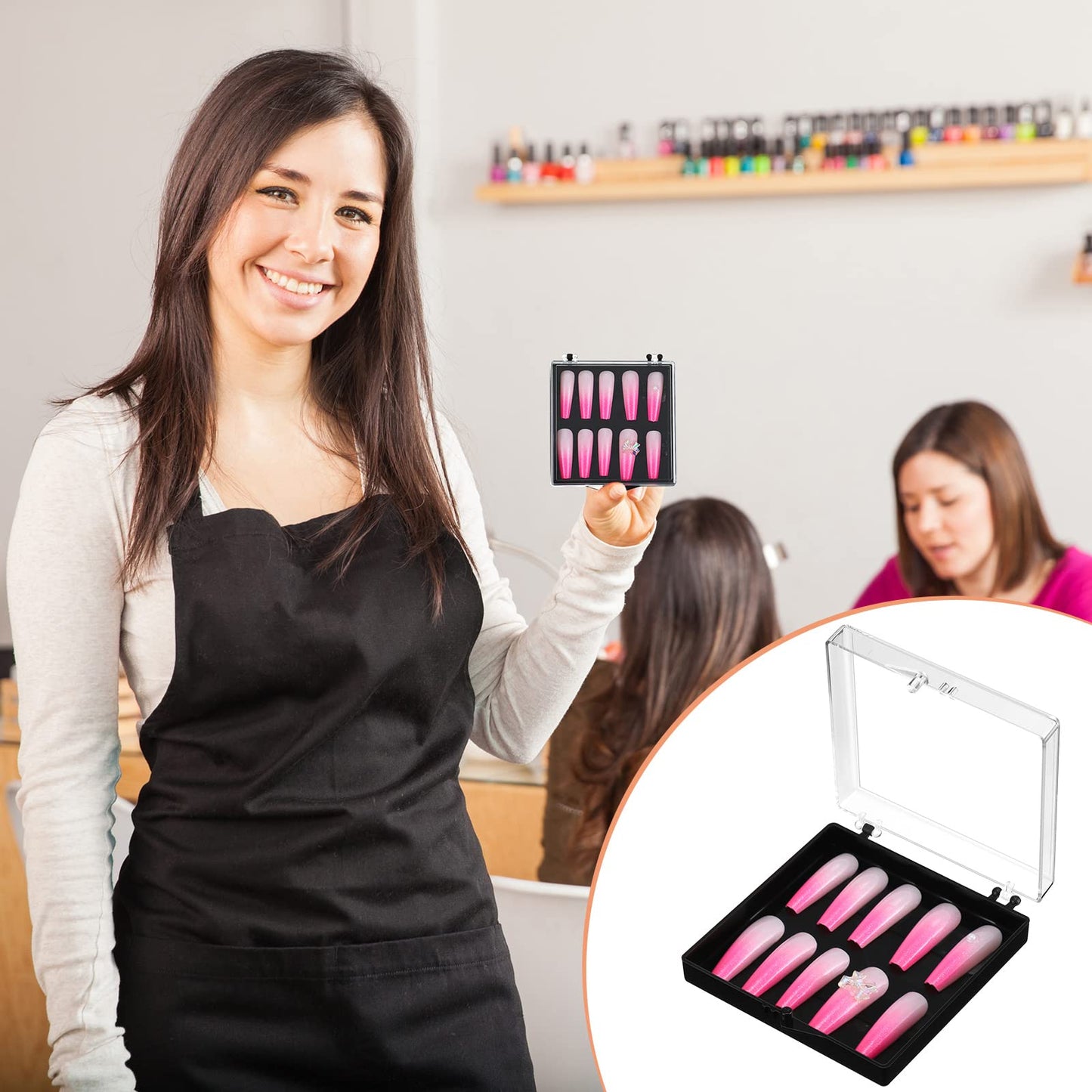 Landhoow 15 Pcs Press On Nail Boxes Nail Display Case with 30 Adhesive Tape, Artificial Press On Nail Container, Acrylic Storage Organizer(Black)
