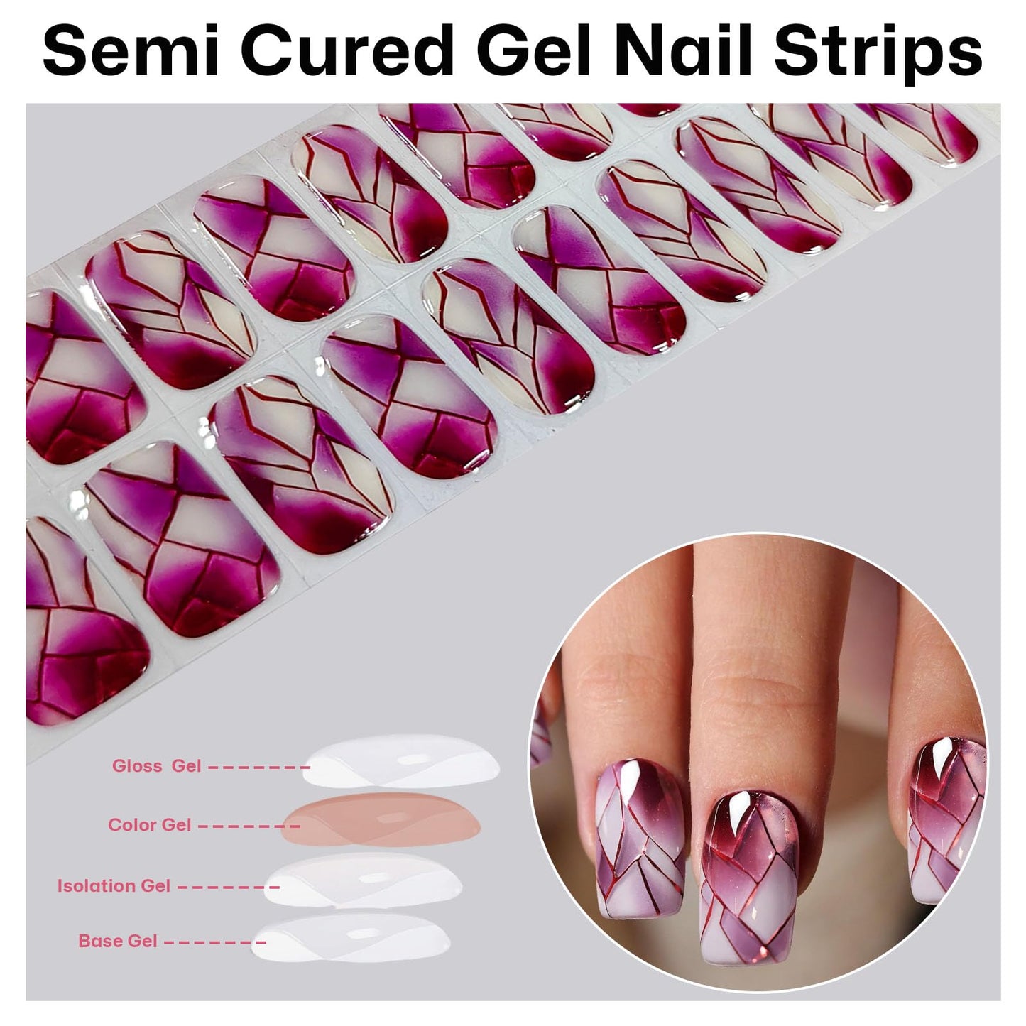 Semi Cured Gel Nail Strips with Red Broken Glass Pattern Designs Gel Nail Strips Glossy Stickers Salon Quality & Easy to Use for Women 20 Pcs