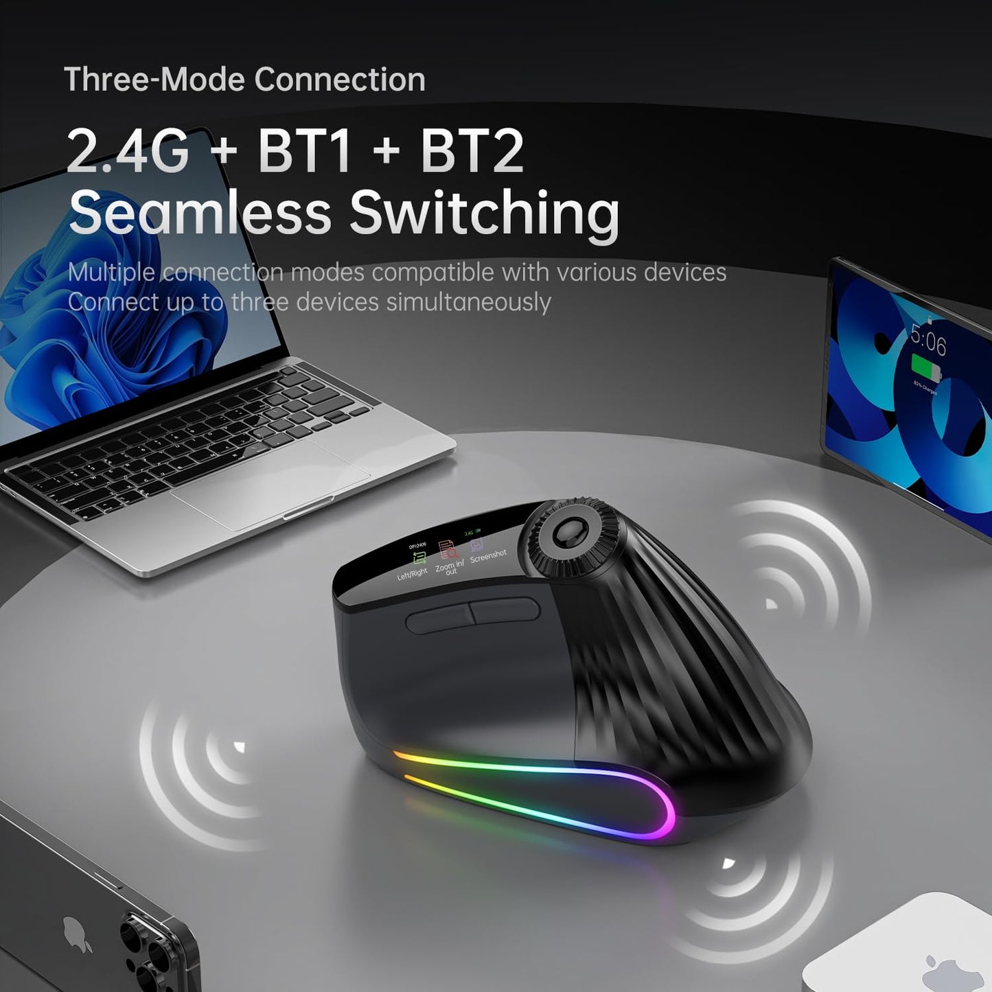 NYIEFADA Ergonomic Vertical Mouse Wireless, Rechargeable Bluetooth Ultra-Fast Scrolling 4800 DPI Ergo Mouse, 2.4G Quiet Clicks 6 Buttons RGB Optical Mice, 3 Multi-Device Connectivity for Mac, Laptop