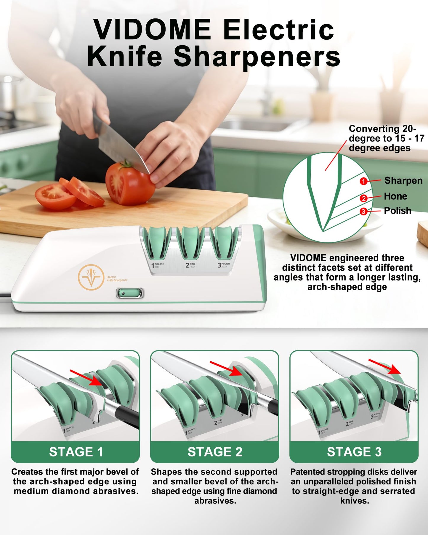Electric Knife Sharpener with Replaceable Sharpening Head Easy to Change, 3-Stage & 15° Precision Angle Diamond Sharpening System for Metal Knives, Ceramic knives, Exquisite Gifts and Packaging