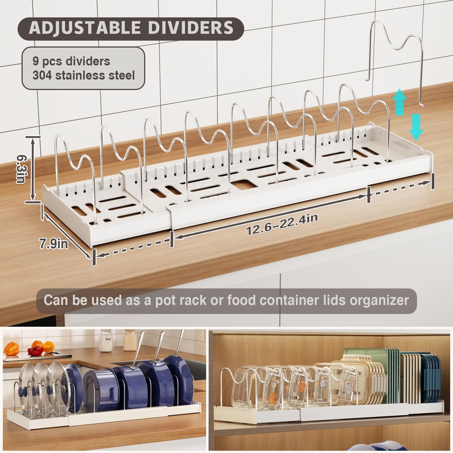 Magheo 2 Pack Expandable Food Storage Container Lid Organizers, 22" Pots and Pans Organizer Under Cabinet with 9 Adjustable Dividers Pot and Pan Lid Holders Rack Inside Cabinet(White)