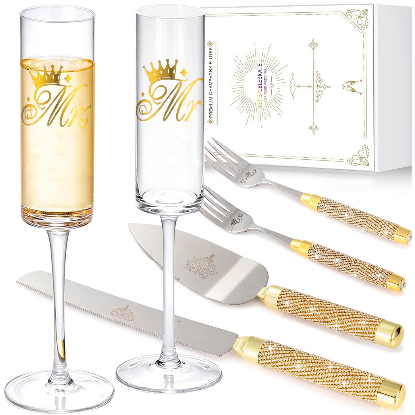 Wedding Cake Cutting Set, Champange Flutes with Cake Knife and Server Set for Bride and Groom Anniversary Engagement Bridal Shower Gifts