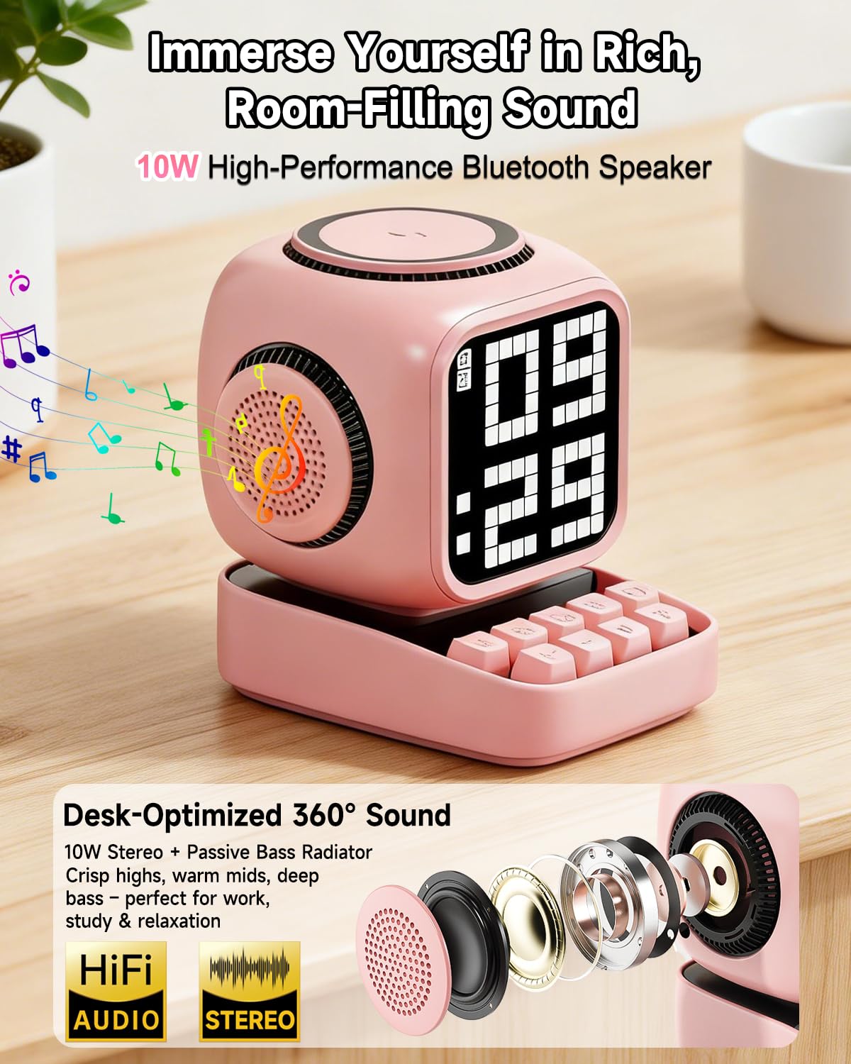 Retro Robot 5-in-1 Bluetooth Speaker: 15W Wireless Charger, Pixel LED Screen, 10W Stereo Sound & 15 White Noise, Alarm Clock, Cute Portable Wireless Speaker for Bedroom Desk Office, Birthday Gifts