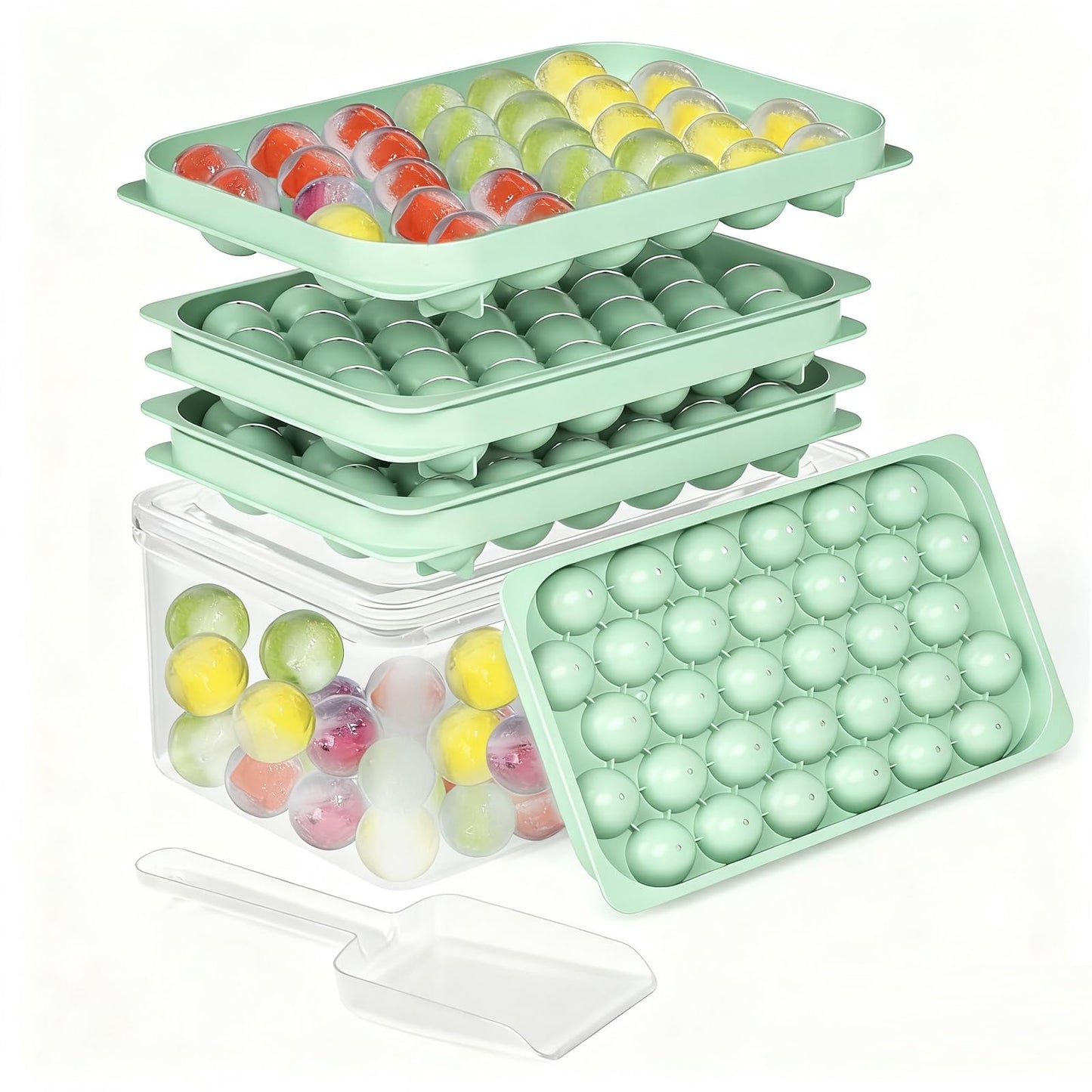 Mini Ice CubeTray with Lid & Storage Bin - 64 Pcs 0.75 Inch Small Sphere Ice Cube Mold Maker, BPA-Free Easy Release Silicone Base, Stackable Ice Trays for Freezer for Cocktails, Coffee